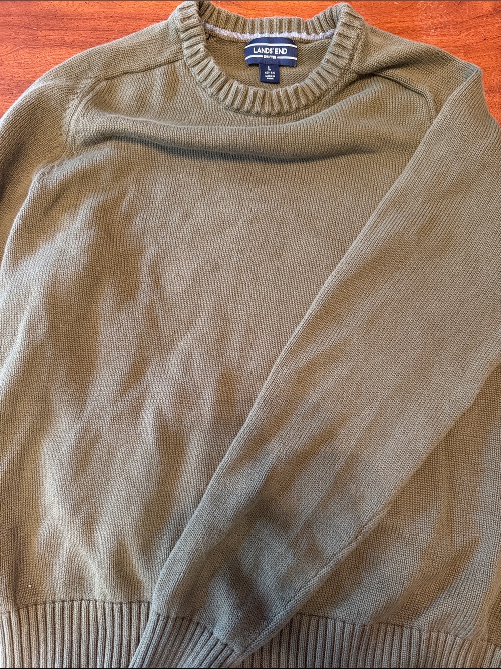 Lands' End Drifter, Olive Crewneck Sweater, Men’s Sz L, 100% Cotton